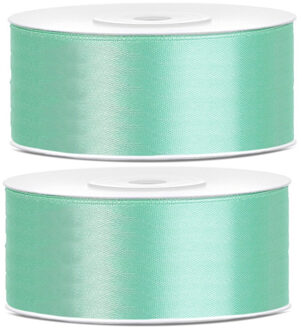 2x Hobby/decoratie mint groene satijnen sierlinten 2,5 cm/25 mm x 25 meter - Cadeaulinten satijnlinten/ribbons - Mint groene linten - Hobbymateriaal benodigdheden - Verpakkingsmaterialen