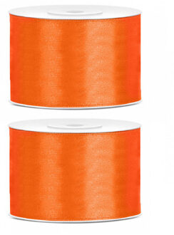 2x Hobby/decoratie oranje satijnen sierlinten 5 cm/50 mm x 25 meter - Cadeaulint satijnlint/ribbon - Oranje linten - Hobbymateriaal benodigdheden - Verpakkingsmaterialen