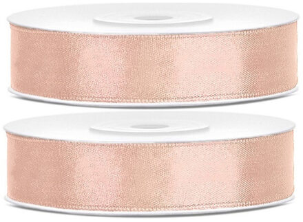 2x Hobby/decoratie perzik roze satijnen sierlinten 1,2 cm/12 mm x 25 meter