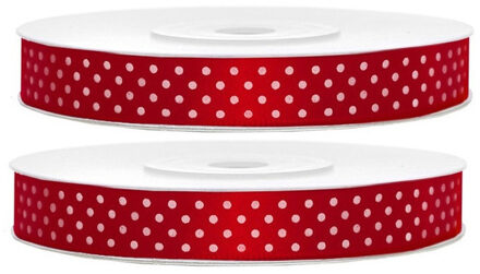 2x Hobby/decoratie rode satijnen sierlinten met witte stippen 1,2 cm/12 mm x 25 meter