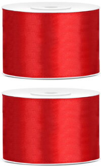 2x Hobby/decoratie rood satijnen sierlinten 5 cm/50 mm x 25 meter - Cadeaulint satijnlint/ribbon - Rode linten - Hobbymateriaal benodigdheden - Verpakkingsmaterialen