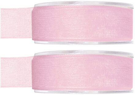 2x Hobby/decoratie roze organza sierlinten 2,5 cm/25 mm x 20 meter - Cadeaulint organzalint/ribbon - Striklint linten roze