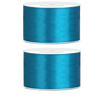 2x Hobby/decoratie turquoise satijnen sierlinten 3,8 cm/38 mm x 25 meter - Cadeaulint satijnlint/ribbon - Turquoise linten - Hobbymateriaal benodigdheden - Verpakkingsmaterialen