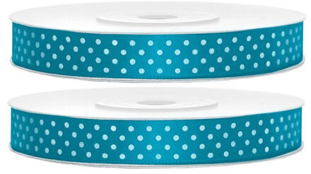 2x Hobby/decoratie turquoiseblauwe satijnen sierlinten met witte stippen 1,2 cm/12 mm x 25 meter - Cadeaulinten satijnlinten/ribbons - Turquoiseblauwe linten met witte stippen - Hobbymateriaal benodigdheden - Verpakkingsmaterialen - Action products