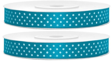 2x Hobby/decoratie turquoiseblauwe satijnen sierlinten met witte stippen 1,2 cm/12 mm x 25 meter - Cadeaulinten satijnlinten/ribbons - Turquoiseblauwe linten met witte stippen - Hobbymateriaal benodigdheden - Verpakkingsmaterialen