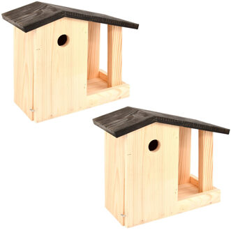 2x Houten vogelhuisjes/nestkastjes met voedertafel - Vurenhouten vogelhuisjes tuindecoraties - Vogelnestje voor tuinvogeltjes - tuindieren
