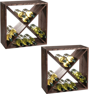 2x Houten wijnflessen rekken/wijnrekken vierkant voor 48 flessen 25 x 50 x 50 cm - Woonaccessoires/decoratie - Wijnflesrek/wijnrek