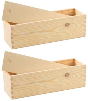 2x Houten wijnkisten/verpakkingen met schuifdeksel 33,5 x 9 x 9,5 cm - Wijnkistjes/wijndoosjes - Relatiegeschenk/geschenkverpakkingen