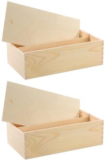2x Houten wijnkisten/verpakkingen met schuifdeksel 35,5 x 20 x 10,8 cm - Wijnkistjes/wijndoosjes met dubbel vak - Relatiegeschenk/geschenkverpakkingen