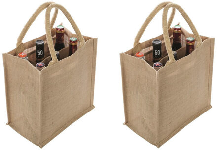 2x Jute boodschappentassen/strandtassen voor 6 flessen 29 x 27 cm naturel - Wijnflessen tas - Draagtassen met hengsels -Trendy tas