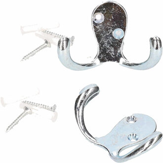 2x Kapstokhaakjes / garderobehaken met dubbele haak - metaal - woonaccessoires - kleding / jassen ophangen - muur kapstokken / garderobehaakjes
