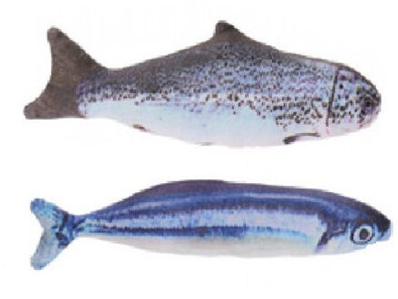2x Kattenspeeltjes vissen knuffels - 19 cm - zalm / makreel - Speelgoed vissen voor katten