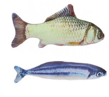 2x Kattenspeeltjes vissen knuffels  met kattenkruid 19 cm - karper/makreel - Speelgoed vissen met catnip voor katten