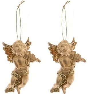 2x Kerst hangdecoratie gouden engeltjes met viool muziekinstrument 10 cm - Kersthangers Goudkleurig