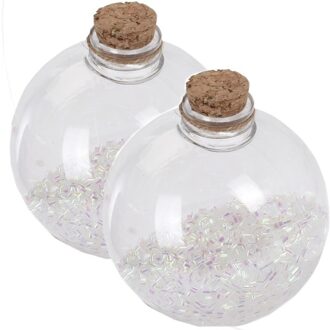 2x Kerstballen transparant/wit 8 cm met witte glitters kunststof kerstboom versiering/decoratie - Kerstbal