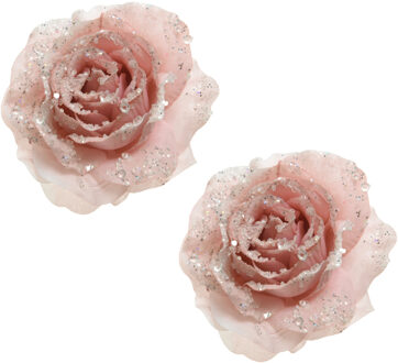 2x Kerstboom decoratie roos poeder roze 14 cm
