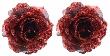 2x Kerstboom decoratie roos rood 14 cm