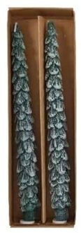 2x Kerstboom kerst kaarsen groen met sneeuw 26 cm