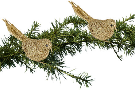 2x Kerstboomversiering glitter gouden vogeltjes op clip 12 cm - Kersthangers Goudkleurig