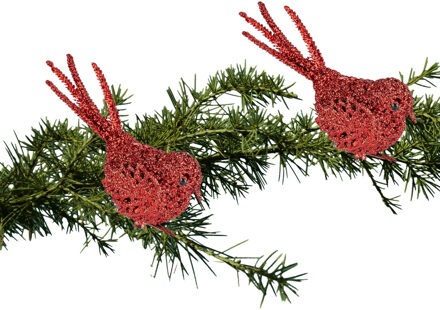 2x Kerstboomversiering glitter rode vogeltjes op clip 12 cm - Kersthangers Rood