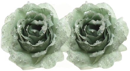 2x Kerstboomversiering/kerstornamenten groene rozen op clip 14 cm - Kunstbloemen