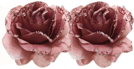 2x Kerstboomversiering/kerstornamenten oudroze rozen op clip 14 cm - Kunstbloemen