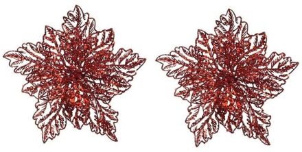 2x Kerstboomversiering op clip rode glitter bloem 23 cm Rood