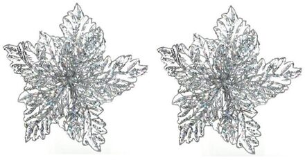 2x Kerstboomversiering op clip zilveren glitter bloem 23 cm
