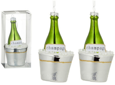 2x Kersthanger figuurtjes glazen champagne fles 14 cm