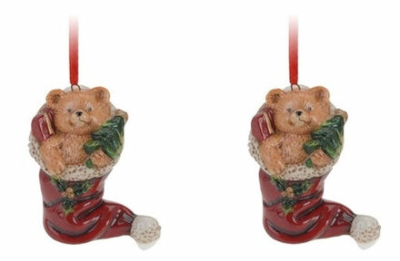 2x Kersthangers kerstsok met kerstbeertje 8 cm kerstboomversiering - Kersthangers Multikleur