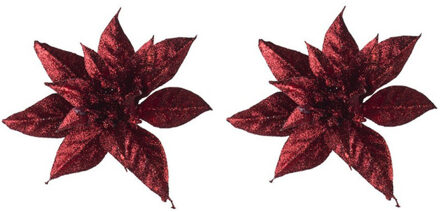 2x Kerstversieringen glitter kerststerren bordeaux/donkerrood op clip 8 cm - Kunstbloemen