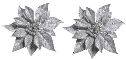 2x Kerstversieringen kerststerren bloemen zilver op clip - Kersthangers Zilverkleurig