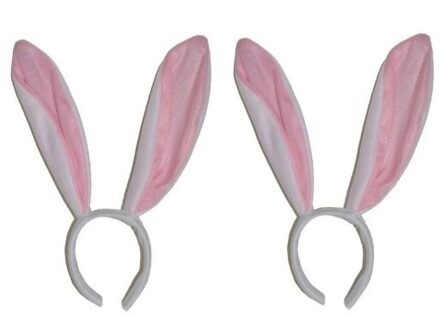 2x Konijn / haas oren op diadeem - bunny oortjes haarband wit / roze