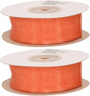 2x Koraal roze organzalint rollen 2,5 cm x 20 meter cadeaulint verpakkingsmateriaal - Cadeaulinten