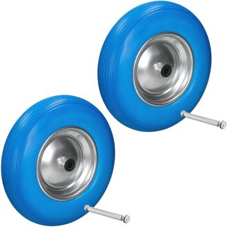 2x Kruiwagenwiel gemaakt van lekbestendig PU - banden met stalen velg - 4.80 / 4.00-8 - diameter 390 mm Blauw