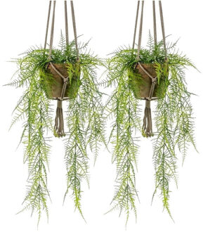 2x Kunstplant hangplanten varen in oude terracotta pot 16 cm - Kunstplanten Groen