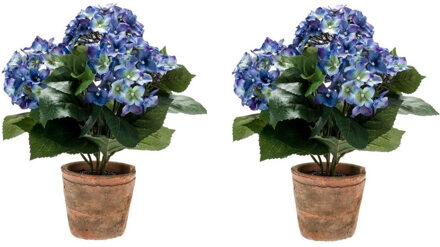 2x Kunstplant Hortensia Blauw Oude Ronde Terracotta Pot 37 Cm - Kunstplanten