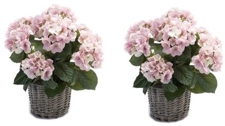 2x Kunstplanten Hortensia Roze In Mand 45 Cm - Kunstplanten