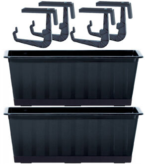 2x Kunststof Agro plantenbakken/bloembakken antraciet grijs 9 liter met ophangbeugels