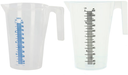 2x Kunststof maataanduiding maatbeker transparant 1000 ml/2000 ml - Maatbekers