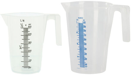 2x Kunststof maataanduiding maatbeker transparant 500 ml/1000 ml - Maatbekers