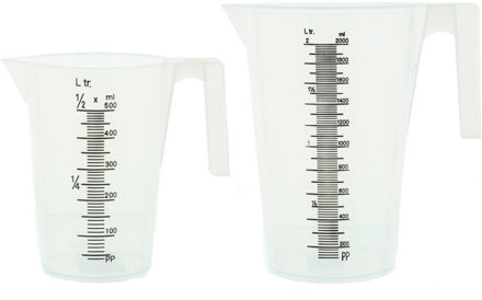 2x Kunststof maataanduiding maatbeker transparant 500 ml/2000 ml - Maatbekers