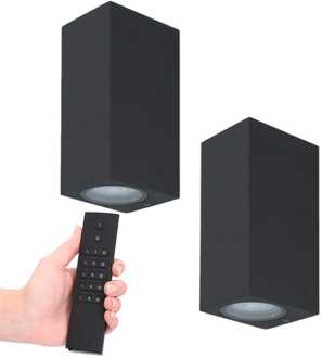 2x LED wandlamp Selma Zwart - Dimbaar - 8 watt 690 lumen - 2700K warm wit- GU10 - Up & Down light - IP65 Waterdicht - Incl. dimmer met afstandsbediening - tuinverlichting