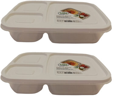 2x Lunchtrommels/bewaarbakjes 3-vaks kunststof wit 1.15 liter