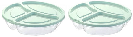 2x Lunchtrommels/bewaarbakjes rond 3- vaks mint groen kunststof 1.1 liter