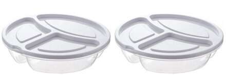 2x Lunchtrommels/bewaarbakjes rond 3- vaks wit kunststof 1.1 liter