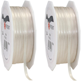 2x Luxe beige satijnen lint rollen 0,3 cm x 50 meter cadeaulint verpakkingsmateriaal - Cadeaulinten