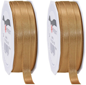 2x Luxe bronzen satijnen lint rollen 1 cm x 25 meter cadeaulint verpakkingsmateriaal - Cadeaulinten Bruin