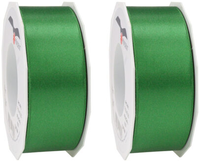 2x Luxe groene satijnen lint rollen breed 4 cm x 25 meter cadeaulint verpakkingsmateriaal - Cadeaulinten