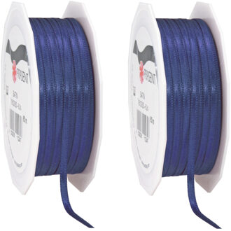 2x Luxe hobby/decoratie donkerblauwe satijnen sierlinten 0,3 cm/3 mm x 50 meter